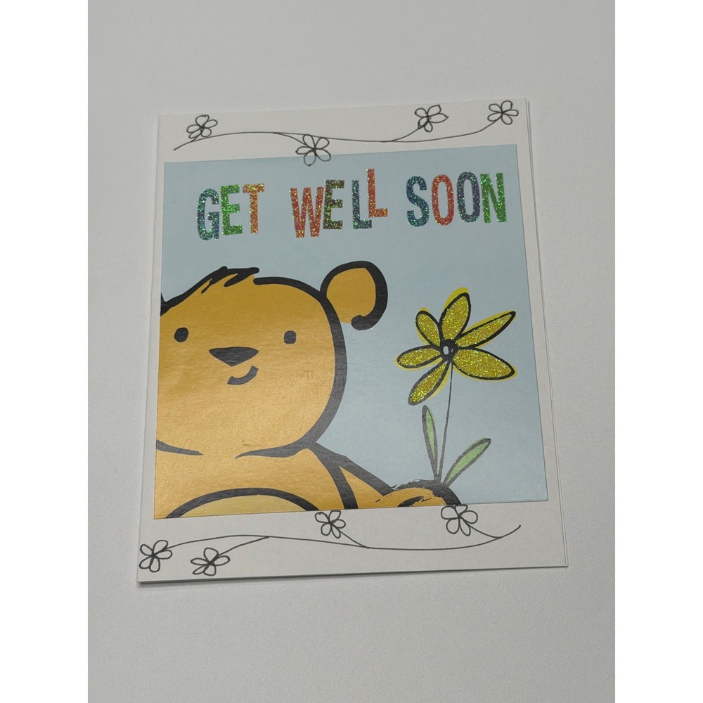 Get Well Soon Greeting Card Cute Bear with Flower Glitter Accents Blank Inside‎